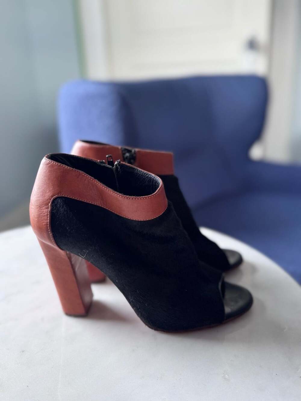 Chloe Calf Hair Peep Toe Booties Boots Heels Size 37.5 Black Brown